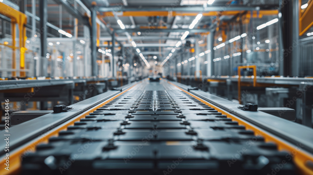 Close-up of an assembly line in a modern factory, focusing on electric vehicle battery production. The high-tech environment features clean, organized machinery with a futuristic feel.
Close-up of an assembly line in a modern factory, focusing on electric vehicle battery production. The high-tech environment features clean, organized machinery with a futuristic feel.