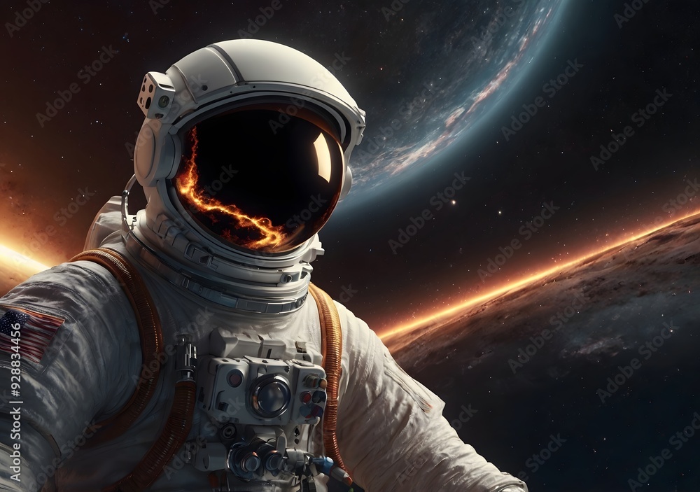 3D illustration of Astronaut looks at black hole and event horizon. 5K realistic science fiction art. Elements of image provided 3D illustration of Astronaut looks at black hole and event horizon. 5K realistic science fiction art. Elements of image provided