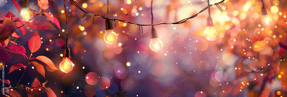Illuminated garlands, light bulbs, street lights, lantern on autumn nature background. Cozy fall ambience at the park. Mockup with orange leaves, bokeh, lights, blurred background. Generative ai Illuminated garlands, light bulbs, street lights, lantern on autumn nature background. Cozy fall ambience at the park. Mockup with orange leaves, bokeh, lights, blurred background. Generative ai