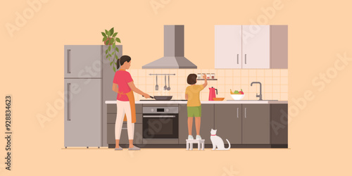 Mother and daughter cooking together in the kitchen