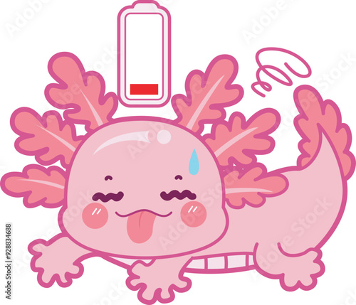 Illustration of cute axolotl activities icon.
Funny pink axolotl in daily routine stickers.