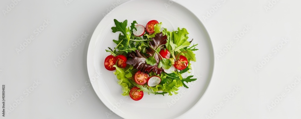 White ceramic plate with salad on white background, 4K hyperrealistic photo White ceramic plate with salad on white background, 4K hyperrealistic photo
