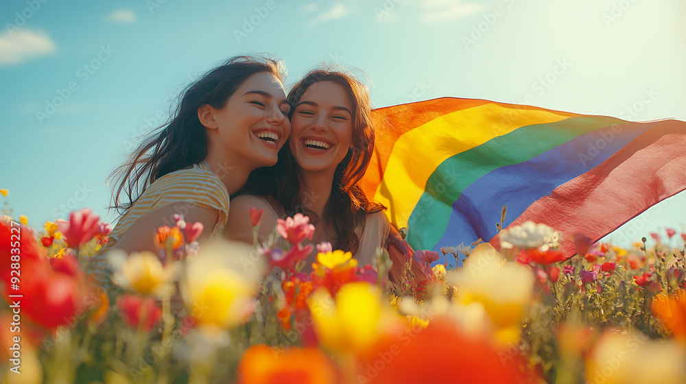 image of a couple laughing together in a flower field, surrounded by ...
