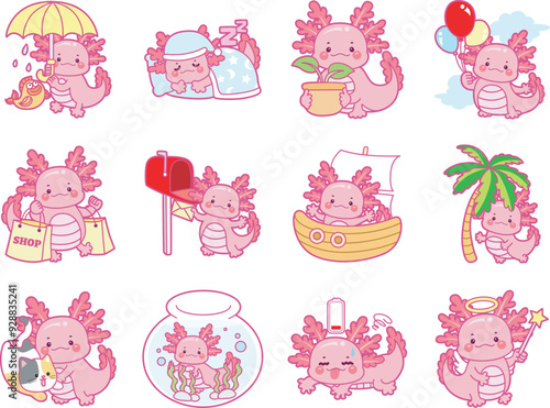 Illustration of cute axolotl activities icon.
Funny pink axolotl in daily routine stickers.
