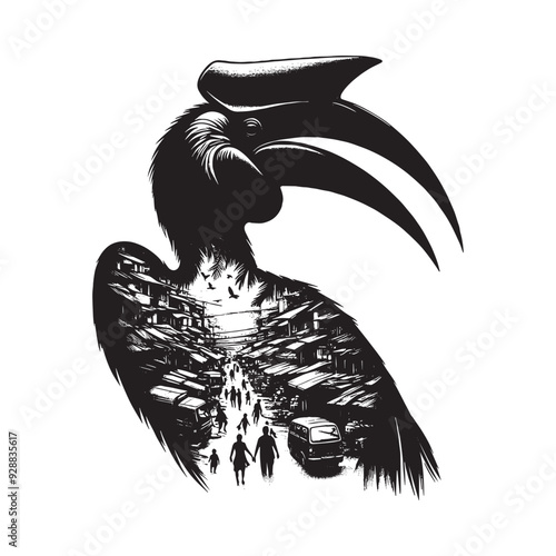 silhouette of Hornbill filled with ghetto street in rough drawing