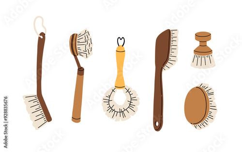 Eco-friendly cleaning tools, different hand brushes set. Natural bristles, washing sponge, scrubber with wooden handles. Ecological supplies. Flat vector illustrations isolated on white background