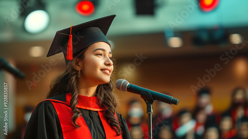 A young woman in a black and red graduation gown and cap with a tassel gives a speech at a university ceremony, standing at a microphone on stage