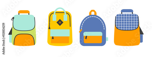 School backpacks set cartoon flat illustrations. Isolated on white.