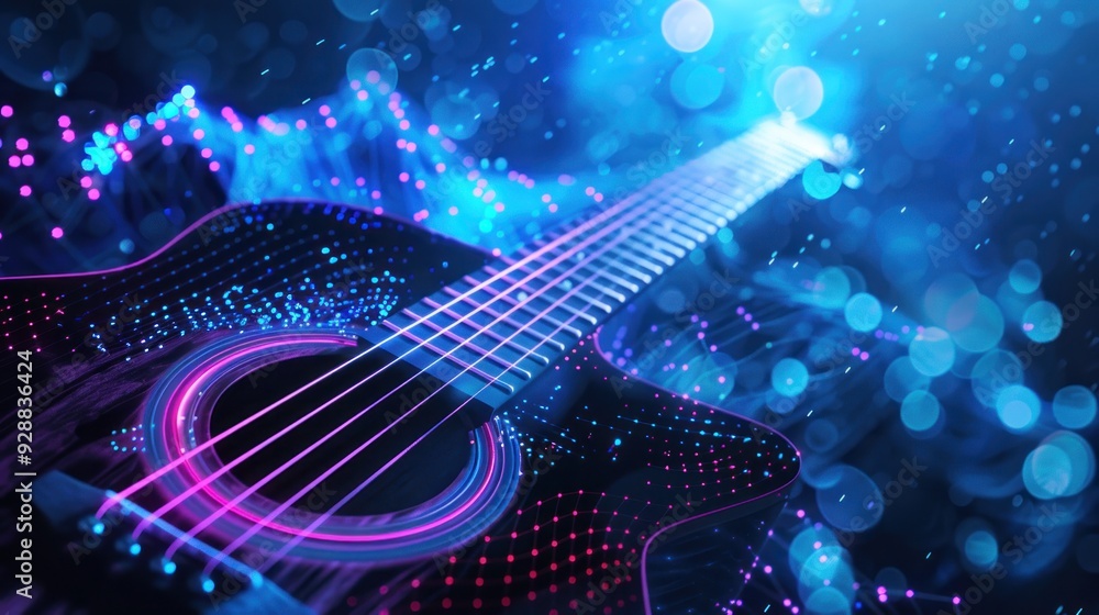Fototapeta premium Acoustic Guitar with Neon Lights