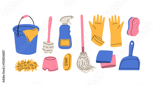 Cleaning supplies set. Home chemical detergent in bottles, household tools, equipment. Brush, mop and gloves, housework accessories. Flat graphic vector illustrations isolated on white background