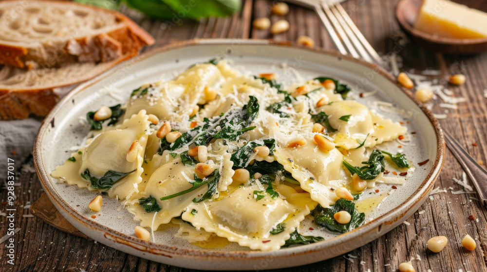 Homemade ravioli stuffed with ricotta and spinach, topped with sage-infused butter sauce Homemade ravioli stuffed with ricotta and spinach, topped with sage-infused butter sauce