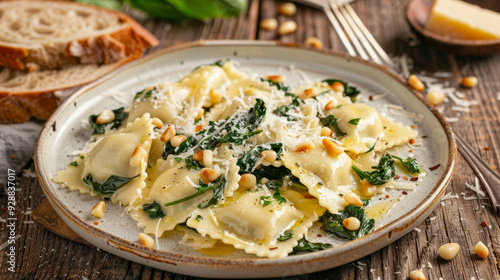 Homemade ravioli stuffed with ricotta and spinach, topped with sage-infused butter sauce