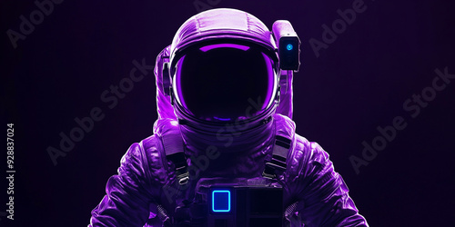 Fototapeta Naklejka Na Ścianę i Meble -  A lone astronaut stands illuminated by vibrant neon lights, their futuristic spacesuit glowing in shades of purple and blue. The mysterious backdrop highlights the elegance of space exploration