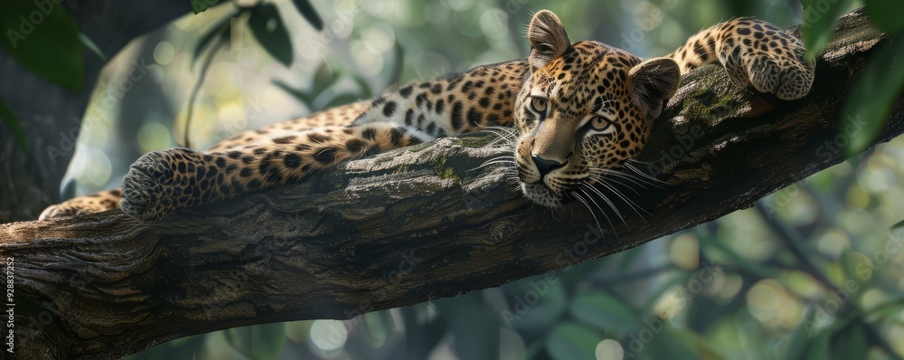 Stealthy leopard resting on a tree branch, 4K hyperrealistic photo Stealthy leopard resting on a tree branch, 4K hyperrealistic photo