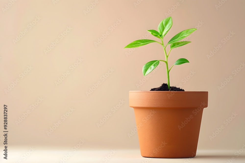 Fresh Green Plant Growing in a Simple Terracotta Pot Fresh Green Plant Growing in a Simple Terracotta Pot