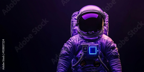 A lone astronaut stands illuminated by a soft, otherworldly purple glow. The sleek spacesuit and minimalistic backdrop create an atmosphere of mystery and futuristic exploration in the depths of space