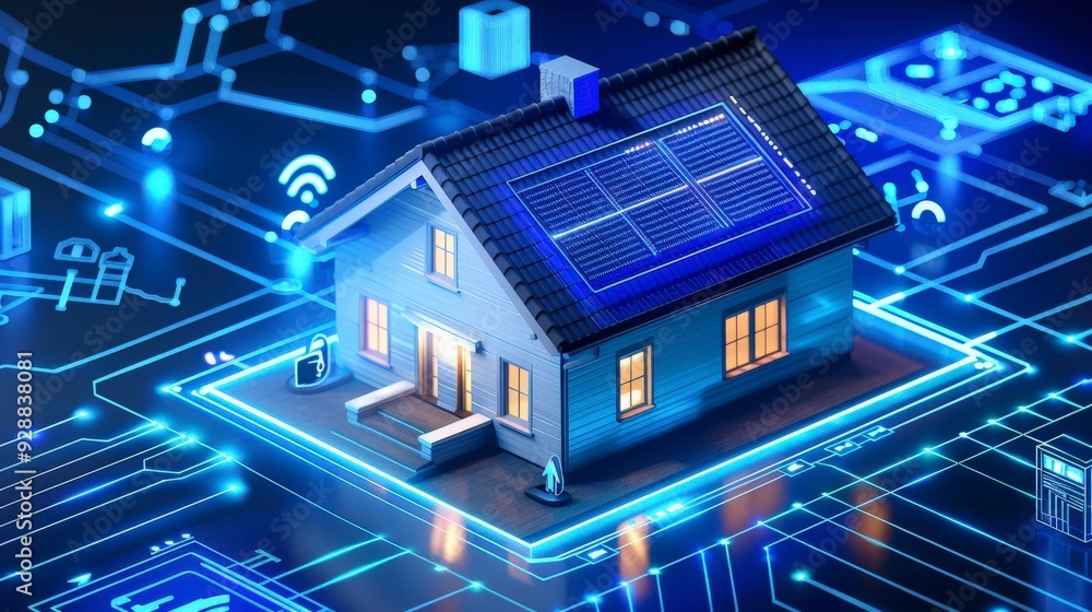 A small house with solar panels on the roof stands on a circuit board with glowing blue lines. A small house with solar panels on the roof stands on a circuit board with glowing blue lines.