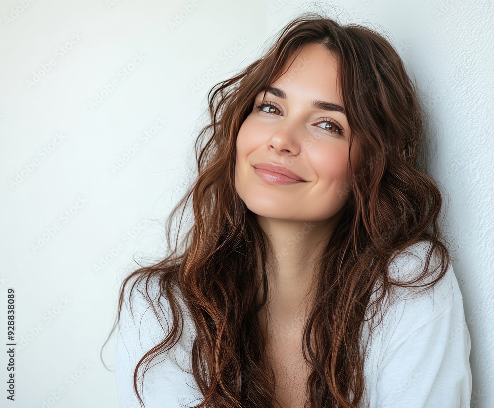 Young girl with long, wavy hair smiling against a neutral background indoors Young girl with long, wavy hair smiling against a neutral background indoors