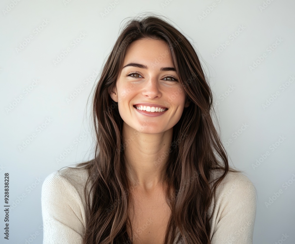 A smiling girl with long hair poses against a light background in a casual sweater A smiling girl with long hair poses against a light background in a casual sweater