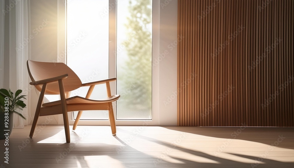 Fototapeta premium Minimalist Room Interior Design with a Wooden Chair and Sunlight