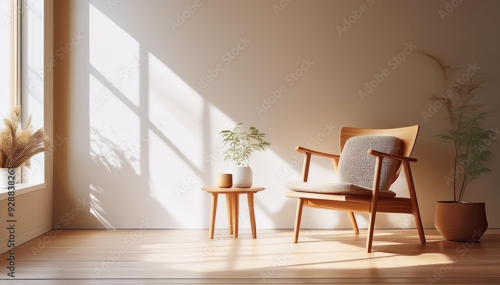 Minimalist Room Interior Design with a Wooden Chair and Sunlight Minimalist Room Interior Design with a Wooden Chair and Sunlight