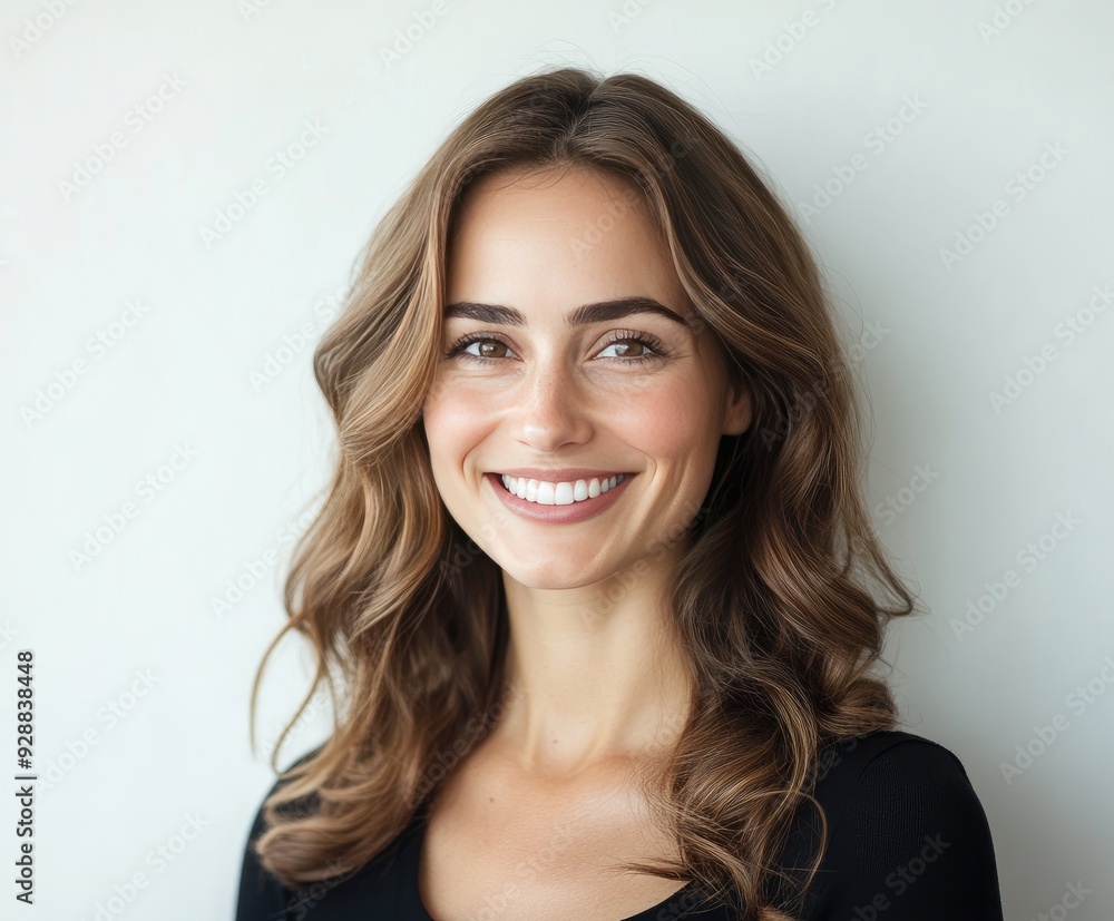 Happy girl with long brown hair smiling warmly against a neutral background Happy girl with long brown hair smiling warmly against a neutral background