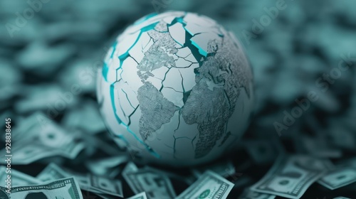 Cracked Globe with Dollar Bills Representing Global Economic Crisis and Financial Instability photo