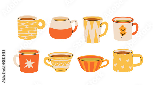 Set of various tea cups and teapot. Cute autumn dishes different shapes and ornaments. Hand drawn color vector illustration isolated on white background. Modern flat cartoon style.