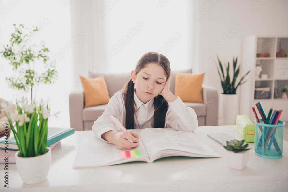 Photo portrait of small cute daughter remote education unhappy write textbook homework home schooling isolated indoors background Photo portrait of small cute daughter remote education unhappy write textbook homework home schooling isolated indoors background