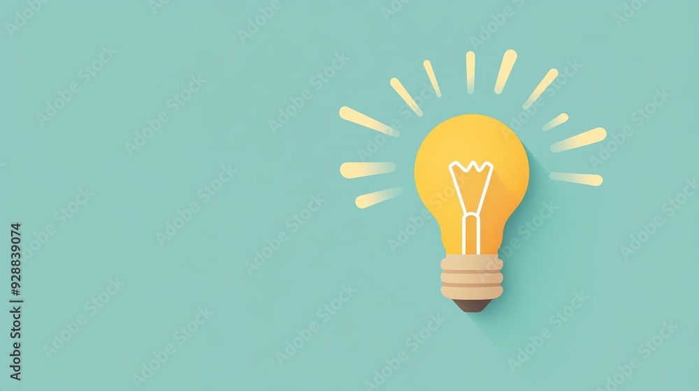 Yellow light bulb with bright rays on a teal background, representing fresh ideas, creativity, and inspiration in design thinking.. Yellow light bulb with bright rays on a teal background, representing fresh ideas, creativity, and inspiration in design thinking..