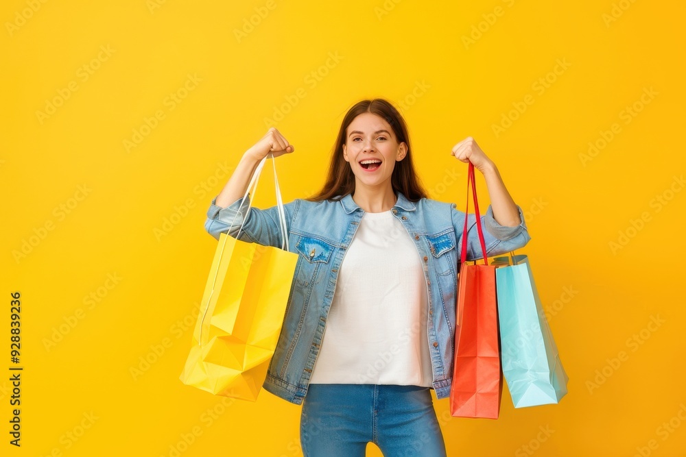 Celebrating a successful shopping day with vibrant bags against a bright yellow backdrop Celebrating a successful shopping day with vibrant bags against a bright yellow backdrop