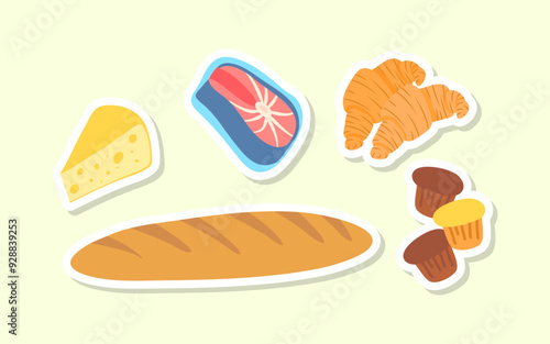 Cartoon Color Grocery Stuffs Stickers Set Nutrition Concept Flat Design Style Include of Cheese and Fish. Vector illustration