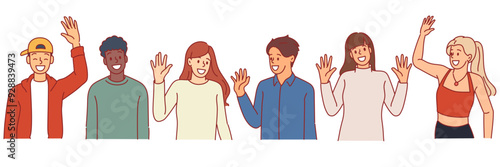 Students smile and wave hands. Multicultural people, different nationals characters, happy guys and girls for casual clothes, male and female portraits, cartoon flat isolated i vector set