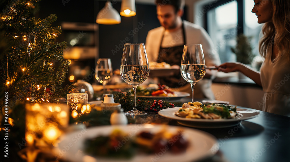 Couple preparing festive Christmas dinner at home, man carving roast turkey on elegant table with wine glasses and holiday decorations in cozy atmosphere Couple preparing festive Christmas dinner at home, man carving roast turkey on elegant table with wine glasses and holiday decorations in cozy atmosphere