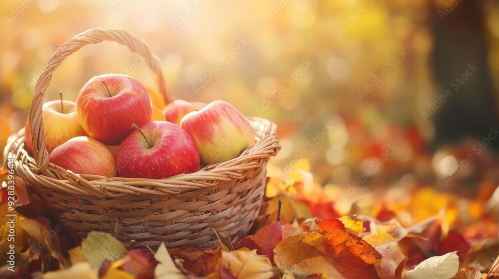 Autumn, autumn apples in basket on background with copy space. The generation of AI Autumn, autumn apples in basket on background with copy space. The generation of AI