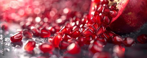 Juicy pomegranate seeds spilling out, 4K hyperrealistic photo photo