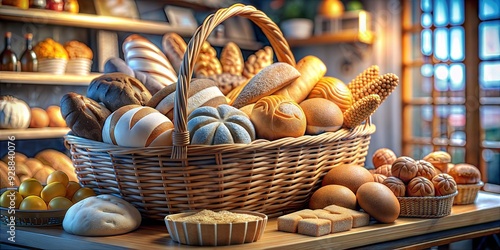 A 3D bakery basket filled with assorted bread, representing a variety of fresh bakery products photo