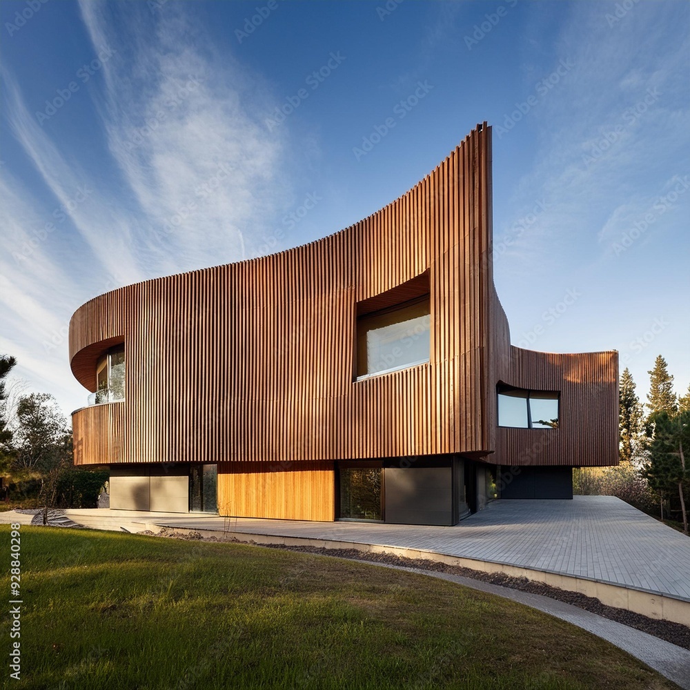 Modern Architecture House with Curved Walls and Wooden Panels Modern Architecture House with Curved Walls and Wooden Panels