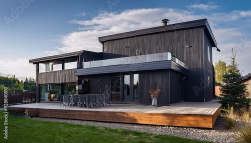 Modern Black Two Storey House With Wooden Beams And A Large Deck