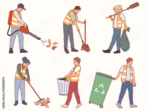 Street cleaners. Janitors in uniform collect city garbage, professionals vacuum cleaner of leaves, sweep, moving trash cans, cleaning environment, cartoon flat isolated illustration, vector set