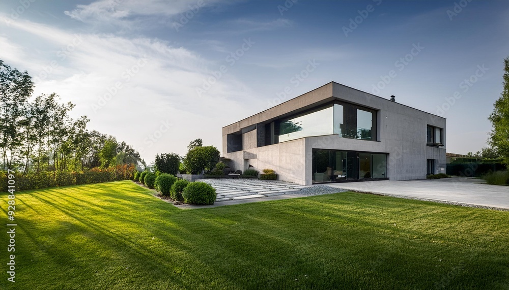 Modern Concrete House with Green Landscaping Modern Concrete House with Green Landscaping