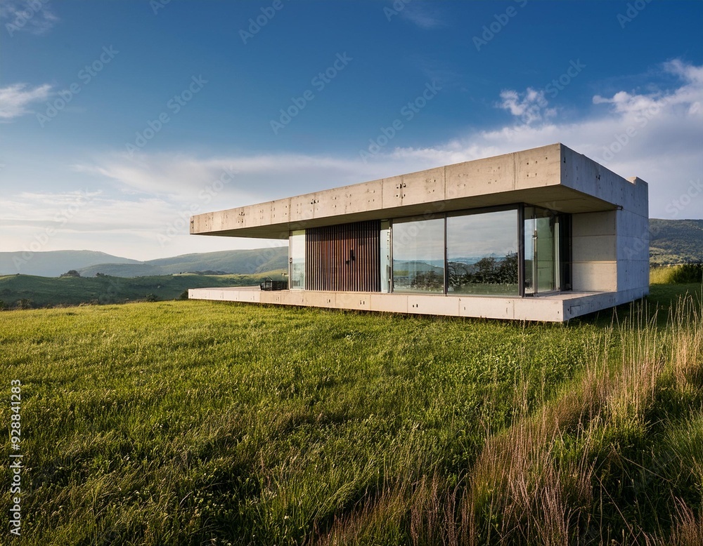 Modern Concrete House with Panoramic Views in the Field Modern Concrete House with Panoramic Views in the Field