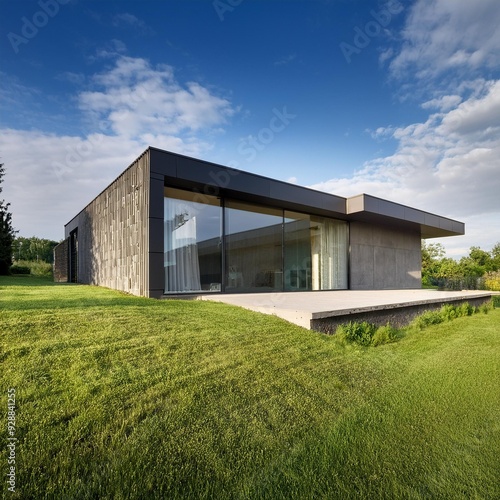 Modern Concrete House with Large Windows and Green Lawn