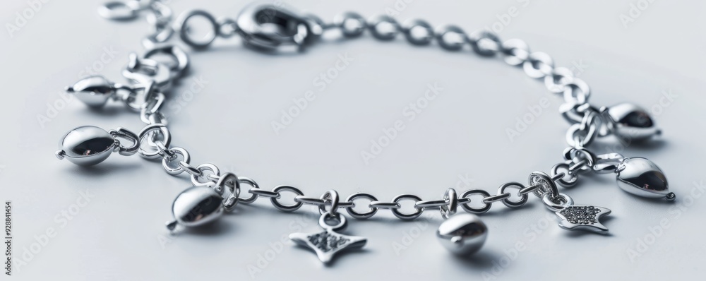 Shiny silver bracelet with charms on white background, 4K hyperrealistic photo Shiny silver bracelet with charms on white background, 4K hyperrealistic photo