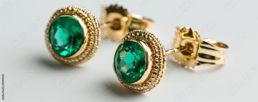 Shiny gold earrings with emeralds on white background, 4K hyperrealistic photo Shiny gold earrings with emeralds on white background, 4K hyperrealistic photo