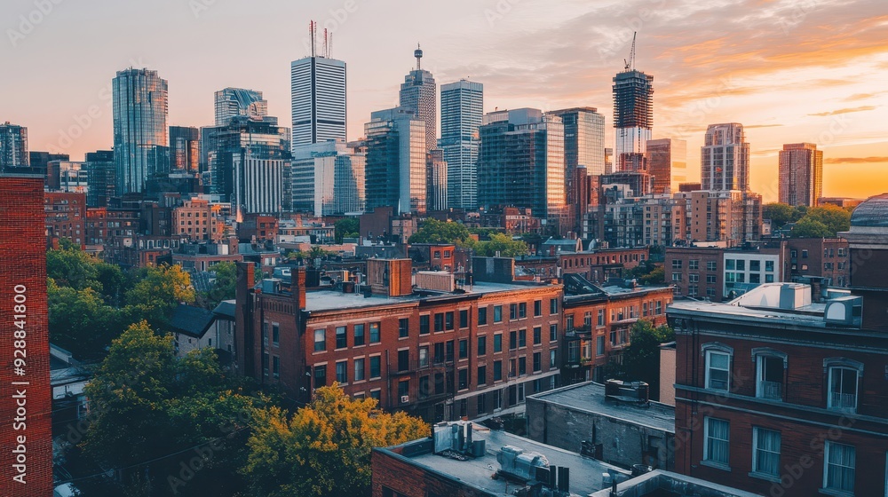 Obraz premium A vibrant city skyline at sunset, showcasing modern buildings and urban life.