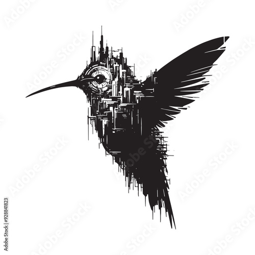 silhouette of Hummingbird filled with destroyed futuristic dystopia environment in rough drawing