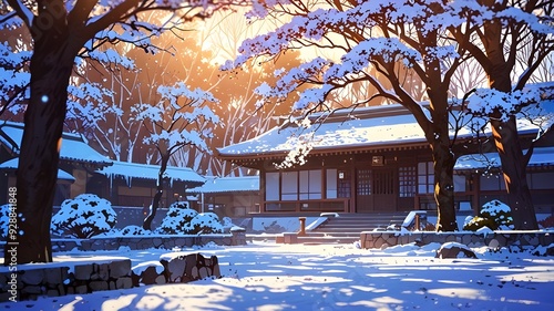 Japanese traditional house in winter cartoon anime