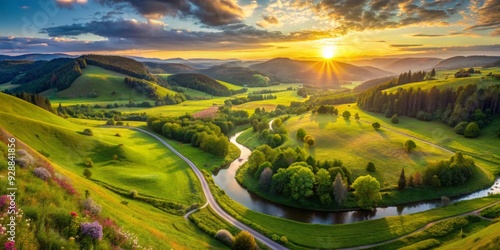 lush green valley with rolling hills and a winding river 