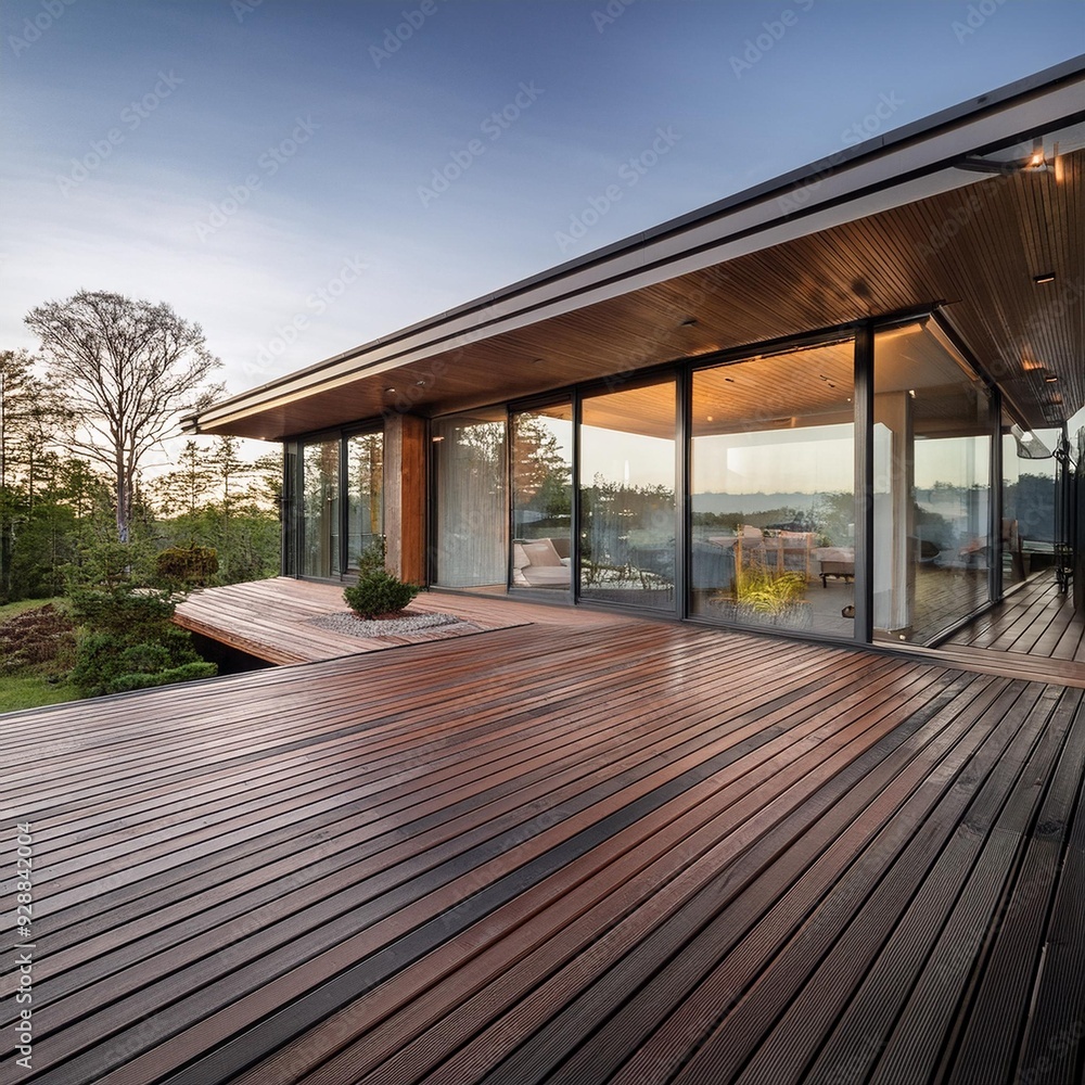 Modern Home Design with Large Windows and Wooden Deck Modern Home Design with Large Windows and Wooden Deck
